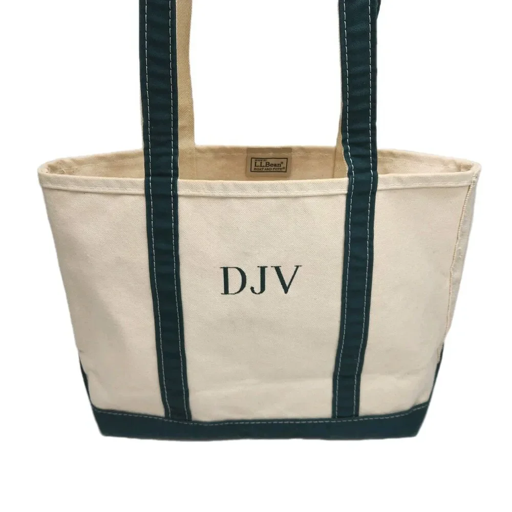 LL Bean Boat And Tote Bag Canvas Green Monogram DJV Open Top Shoulder Vintage